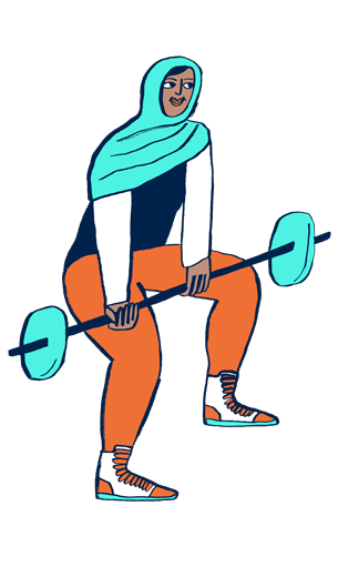 A hand-drawn illustration of a person lifting a barbell. They are wearing orange trousers and a light green headscarf.
