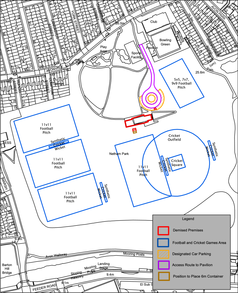 A site plan detailing the areas within Netham Park that are part of the Sports Facility Transfer. Highlighted areas are 4 football pitches of differing sizes, a cricket pitch with an overlapping football pitch and the pavillion building in the centre of the park. Outside of the highlighted areas are large areas of open grass, the bowling green, the wildlife areas, an area with walkways and a play area for children.