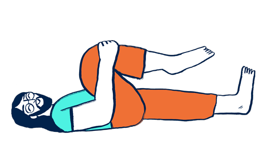 A hand-drawn illustration of a person lying on their back with one leg stretched out and one leg with the knee raised towards their chest. Their hands are clasped around the raised knee, pulling it towards their chest.