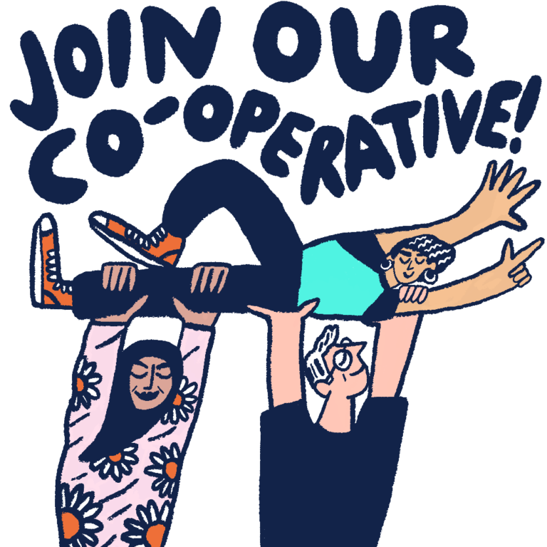 Illustration of 2 people carrying someone with the words 'join our co-operative' above it