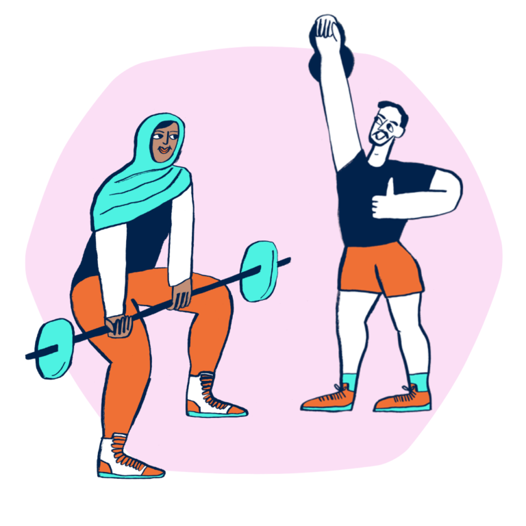 A colourful illustration of 2 people lifting weights.